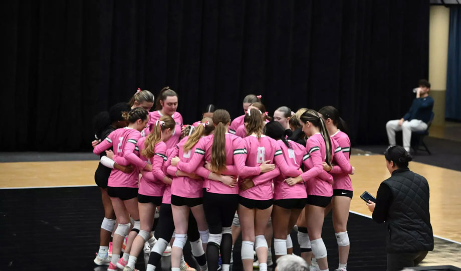 Volleyball team huddling together on court.